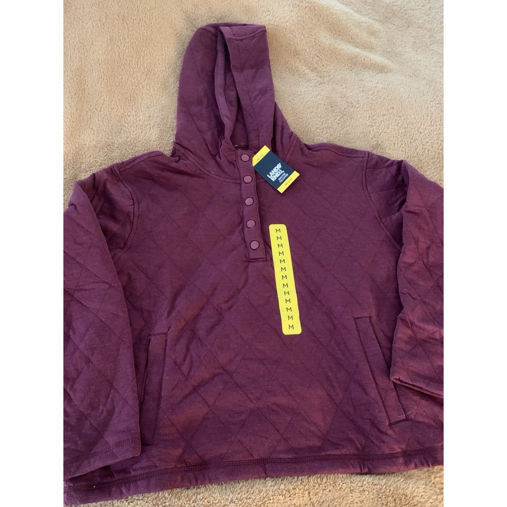 Lands End Women's Midweight Relaxed Fit Quilted Pullover Hoodie Size M Burgundy